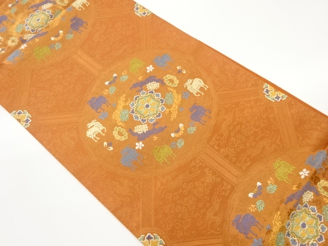 草花に動物・草花・抽象模様織出し袋帯